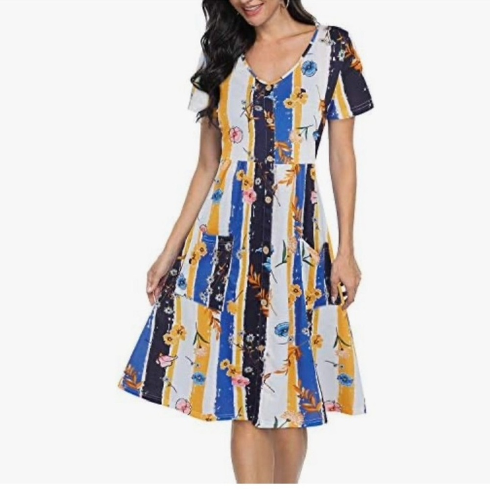 Votepretty Short Sleeve V-Neck Sundress Summer Casual Button Dress with …